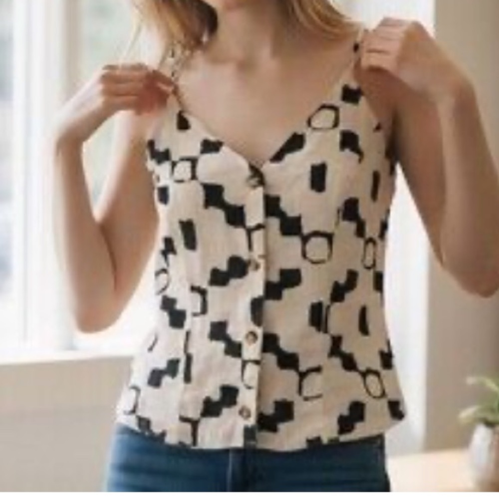 LINEN Spaghetti Strap - Geometric Black and Cream small button up blouse